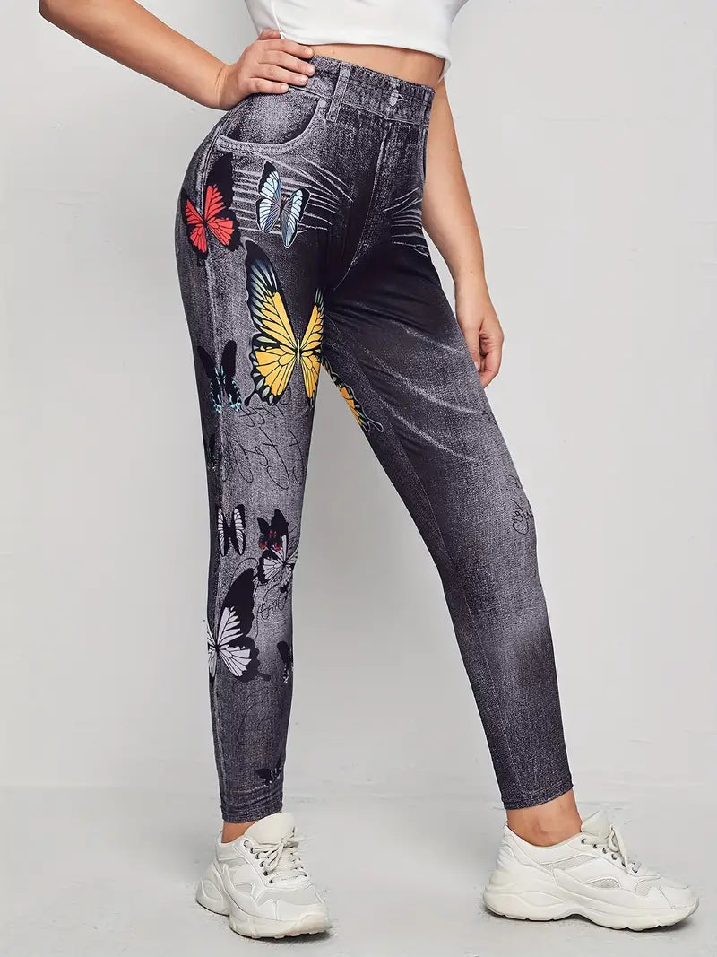 Calça  jeans floral estampada de cintura alta cortada ao corpo com bolsos falsos