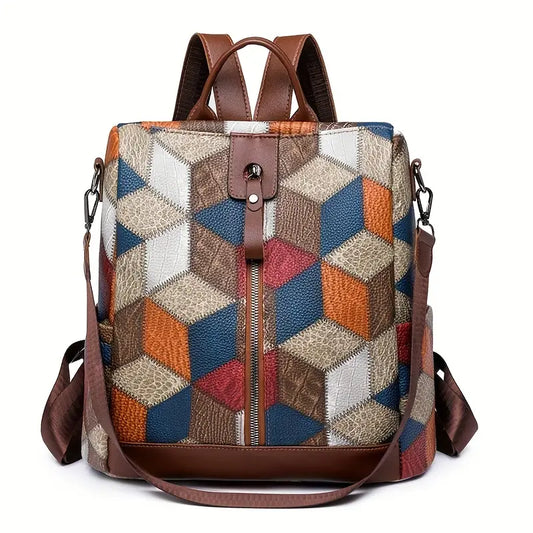 Bolsa de mochila conversível vintage, mochila de viagem antirroubo colorblock, mochila escolar casual feminina