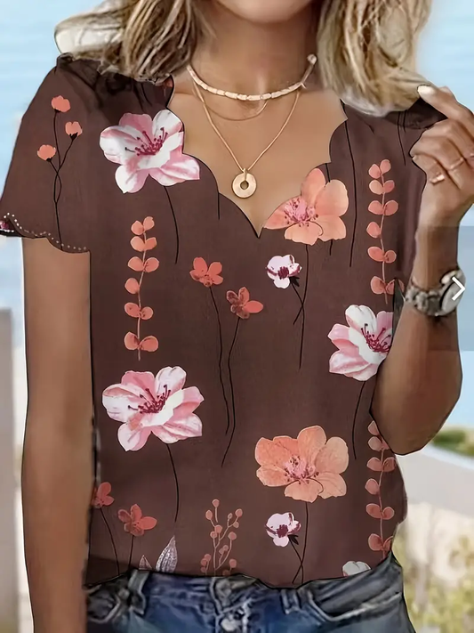 Blusa com acabamento em vieira com estampa floral, blusa casual de manga curta com decote em V