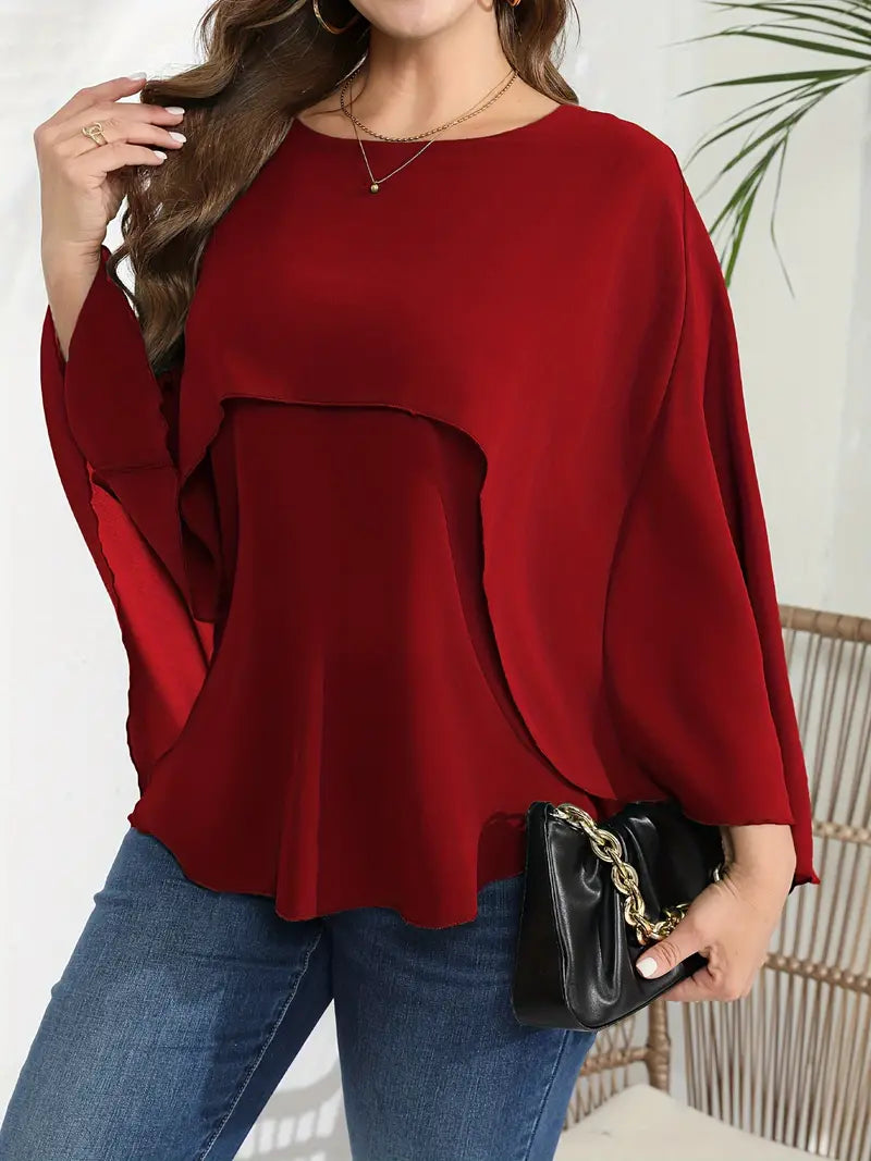 Blusa elegante tamanho grande, blusa feminina de malha em camadas sólidas com manga