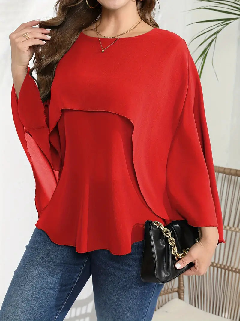 Blusa elegante tamanho grande, blusa feminina de malha em camadas sólidas com manga