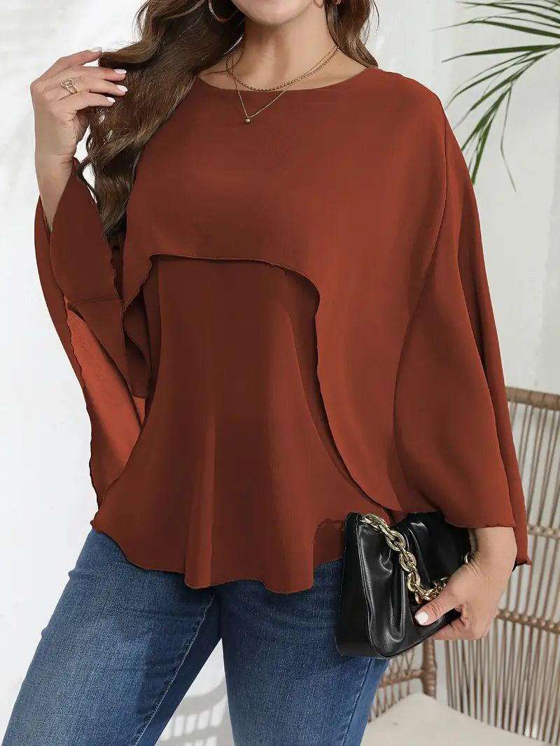 Blusa elegante tamanho grande, blusa feminina de malha em camadas sólidas com manga