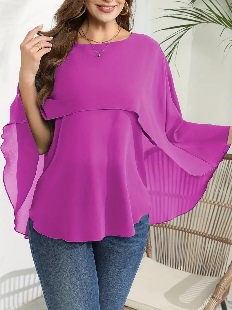 Blusa elegante tamanho grande, blusa feminina de malha em camadas sólidas com manga