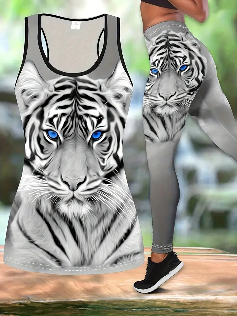 Conjunto de duas peças com estampa de tigre, colantes de cintura alta