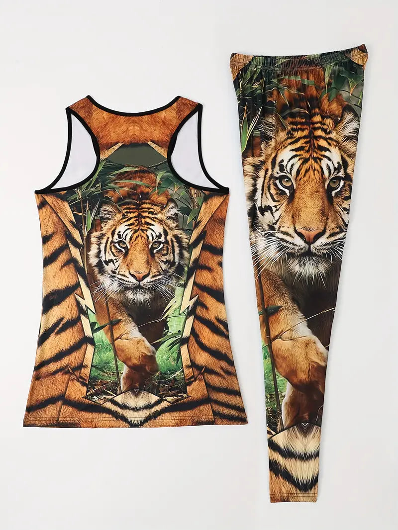 Conjunto de duas peças com estampa de tigre, colantes de cintura alta