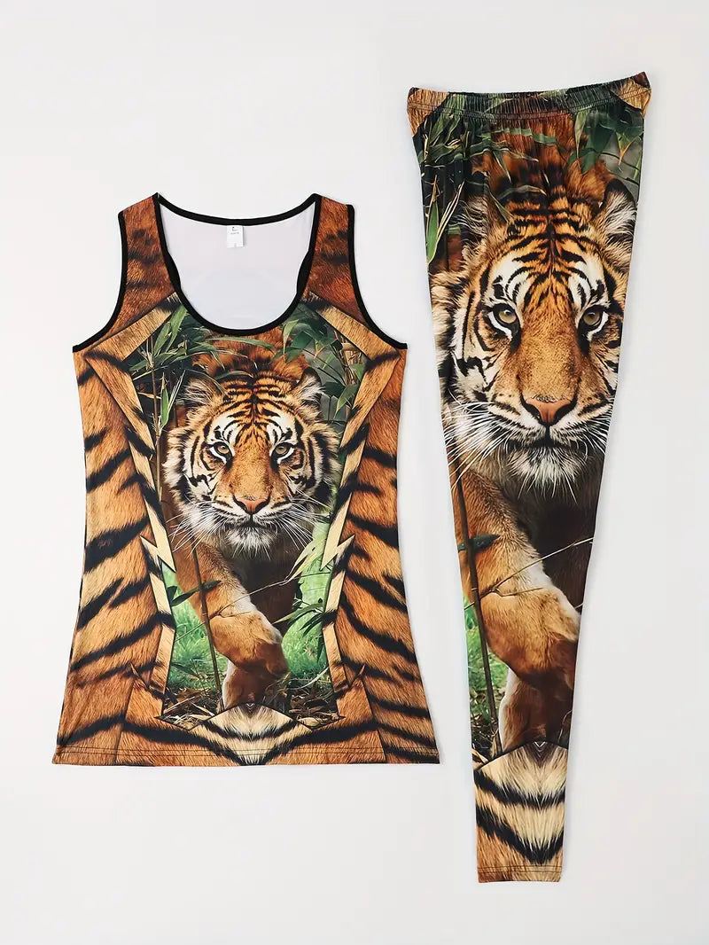 Conjunto de duas peças com estampa de tigre, colantes de cintura alta