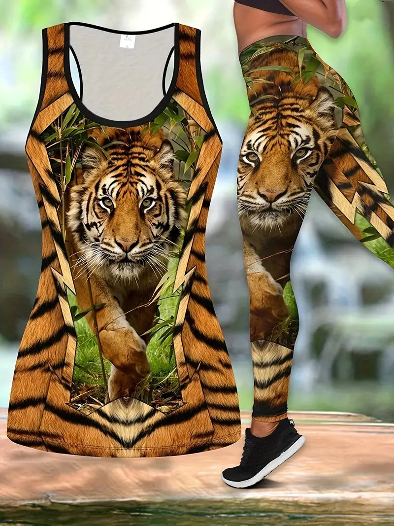 Conjunto de duas peças com estampa de tigre, colantes de cintura alta