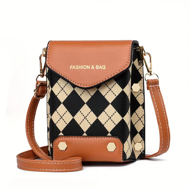 Bolsa de telefone crossbody com mini aba, bolsa de ombro com estampa de letras