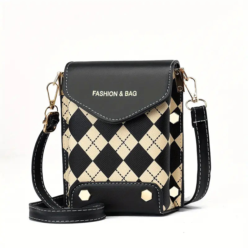 Bolsa de telefone crossbody com mini aba, bolsa de ombro com estampa de letras