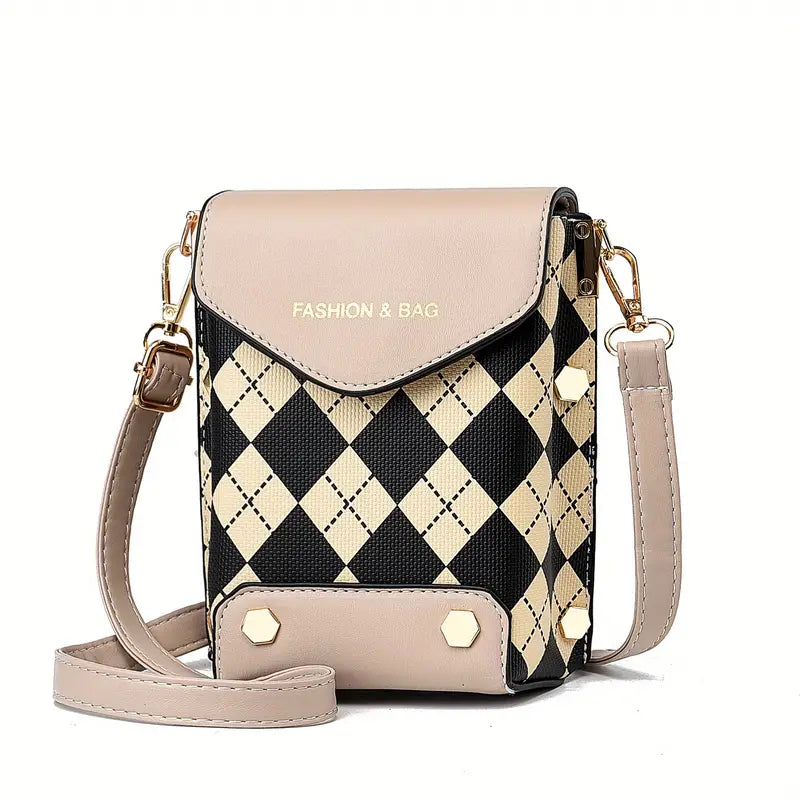 Bolsa de telefone crossbody com mini aba, bolsa de ombro com estampa de letras