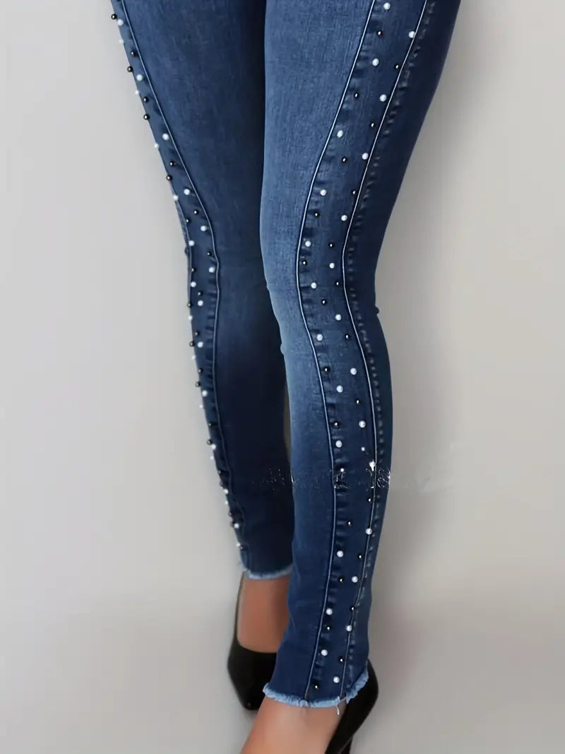 Jeans skinny cravejados de pérolas artificiais azuis, bainha crua, ajuste fino, stretch alto, cintura alta, jeans justos