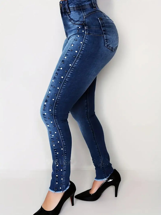 Jeans skinny cravejados de pérolas artificiais azuis, bainha crua, ajuste fino, stretch alto, cintura alta, jeans justos