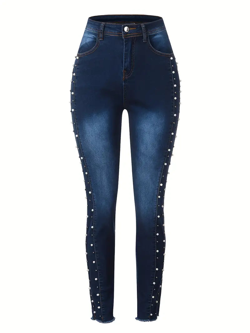 Jeans skinny cravejados de pérolas artificiais azuis, bainha crua, ajuste fino, stretch alto, cintura alta, jeans justos