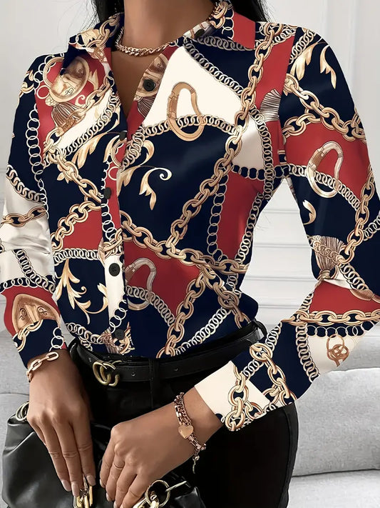 Camisa com estampa de corrente, camisa casual de manga comprida com botão frontal e gola