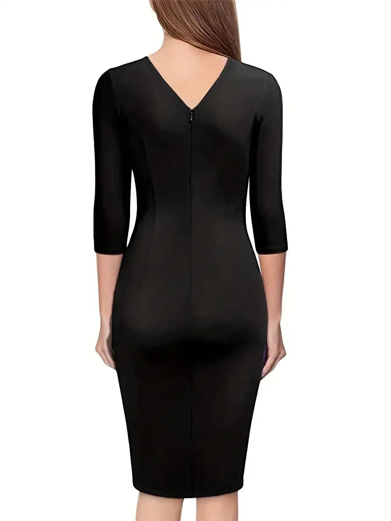 Vestido de escritório bodycon sólido de manga 3/4, vestido lápis plissado elegante com decote em V