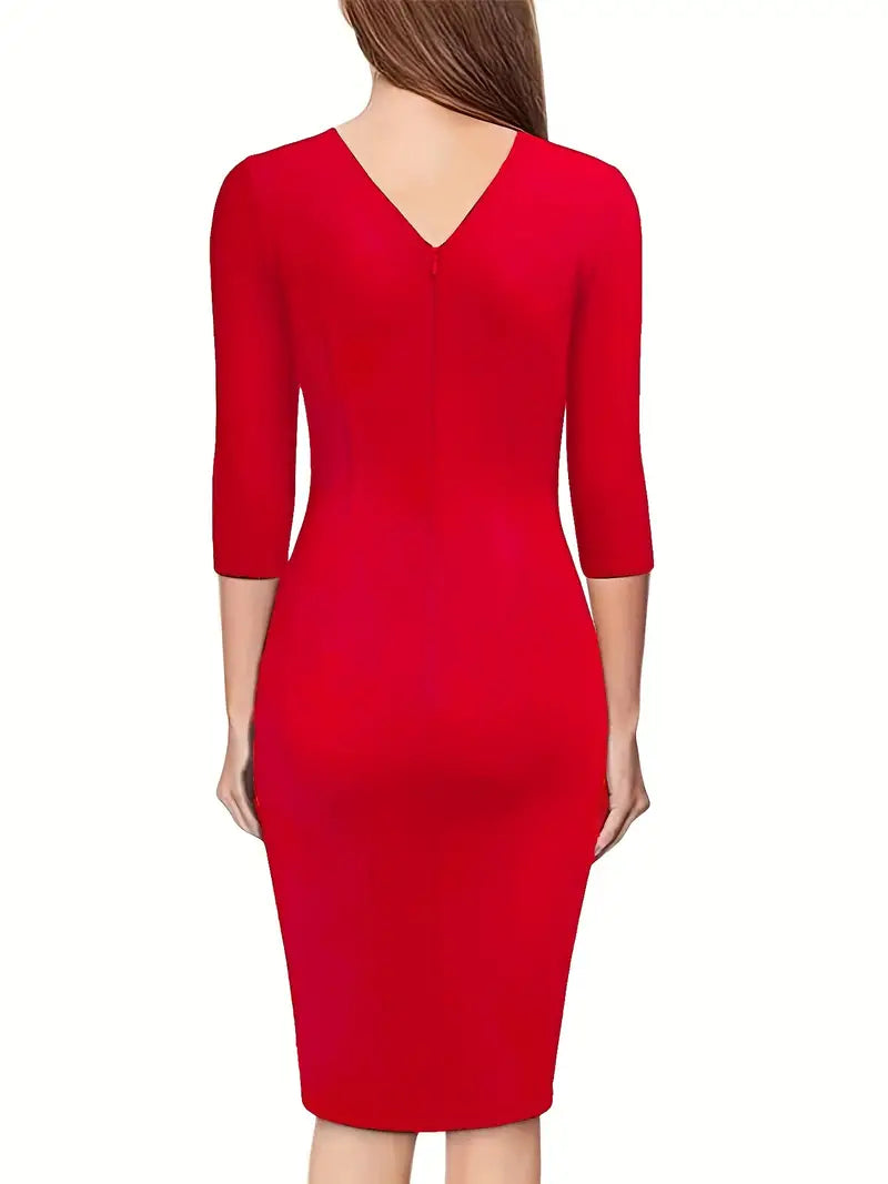 Vestido de escritório bodycon sólido de manga 3/4, vestido lápis plissado elegante com decote em V