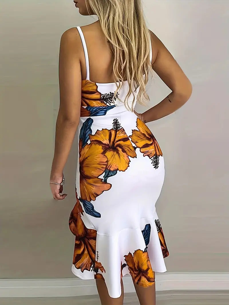 Vestido com bainha com babados e estampa floral, vestido sexy com alça espaguete e decote em V