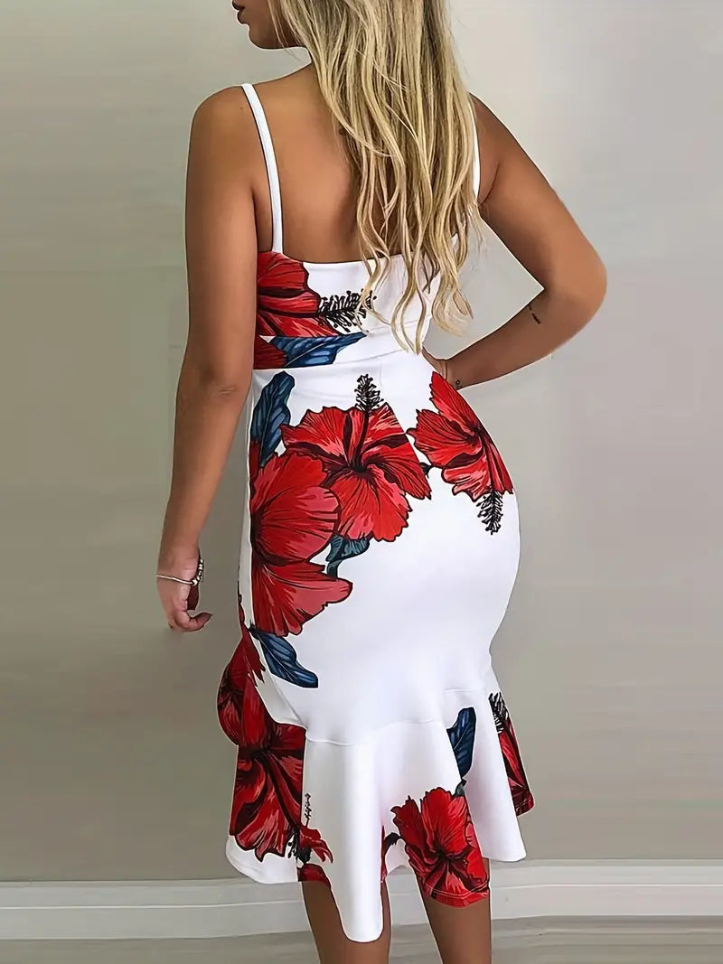 Vestido com bainha com babados e estampa floral, vestido sexy com alça espaguete e decote em V