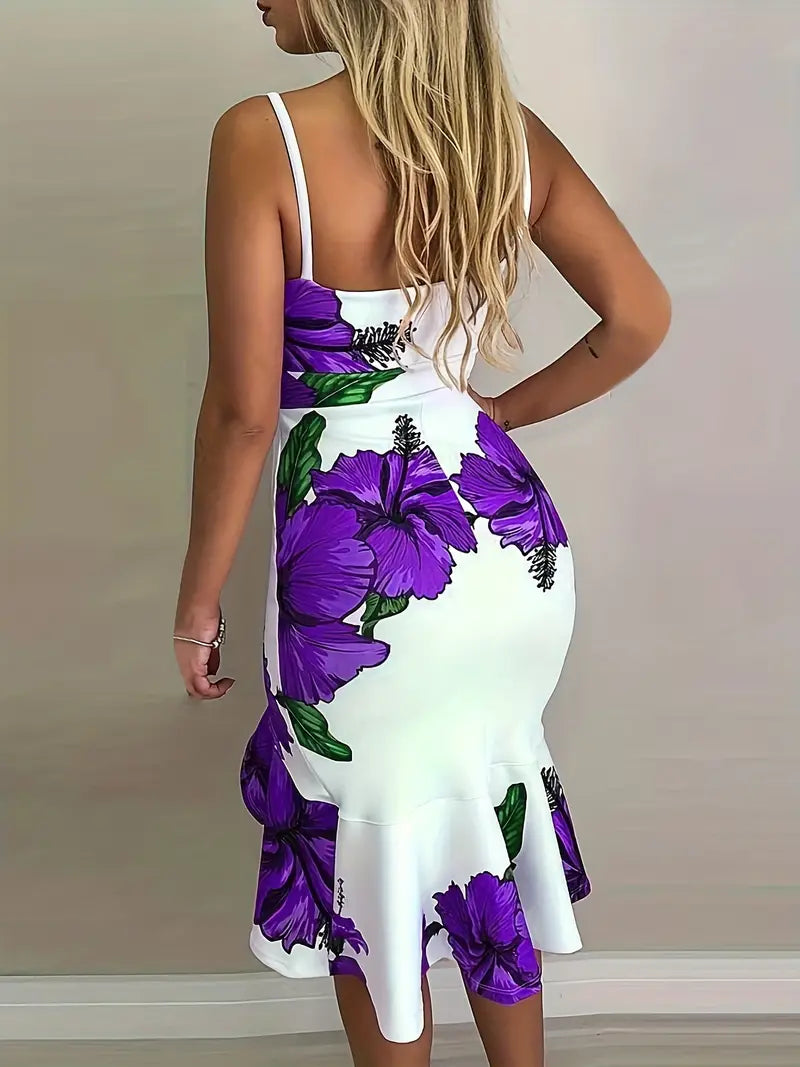 Vestido com bainha com babados e estampa floral, vestido sexy com alça espaguete e decote em V