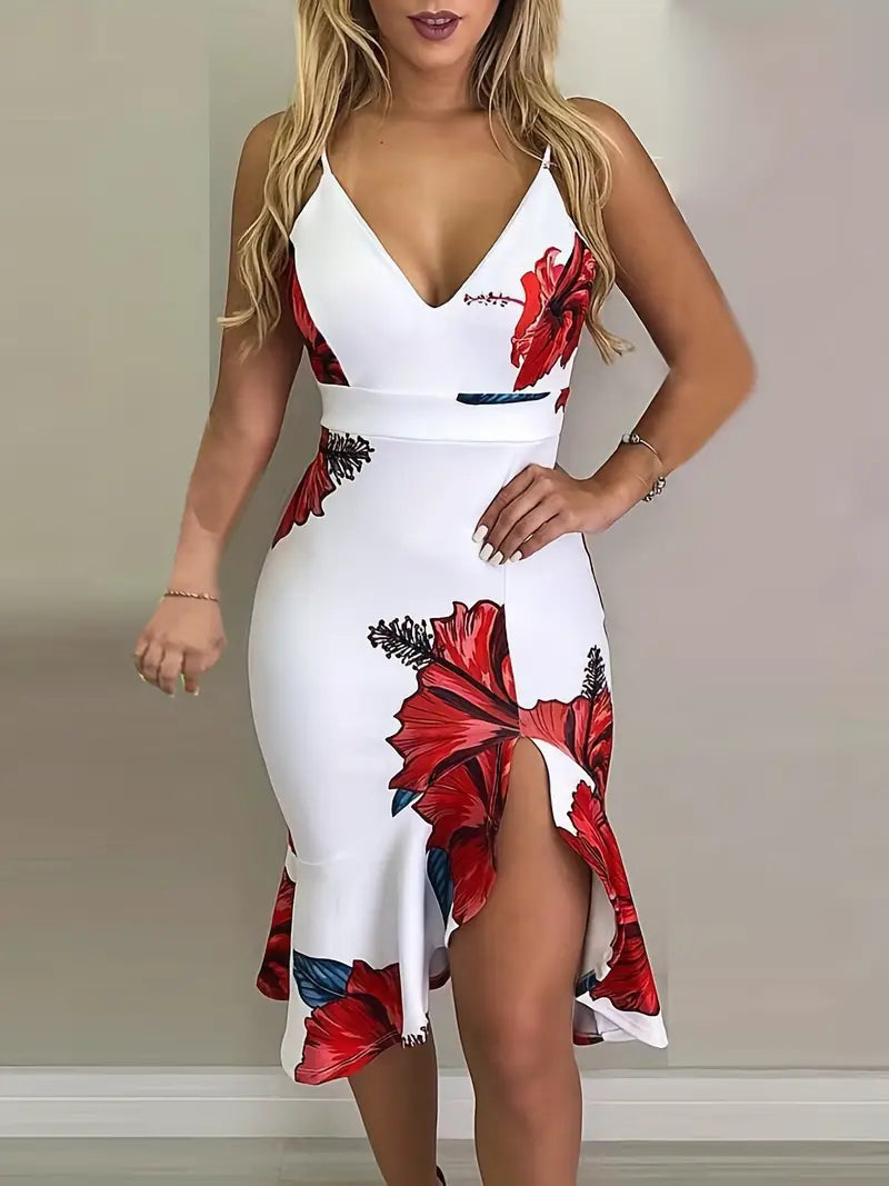 Vestido com bainha com babados e estampa floral, vestido sexy com alça espaguete e decote em V