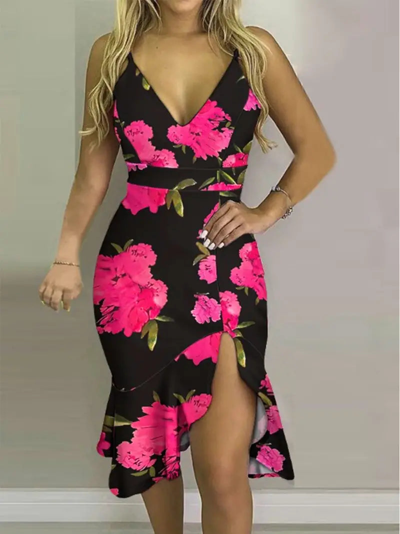 Vestido com bainha com babados e estampa floral, vestido sexy com alça espaguete e decote em V