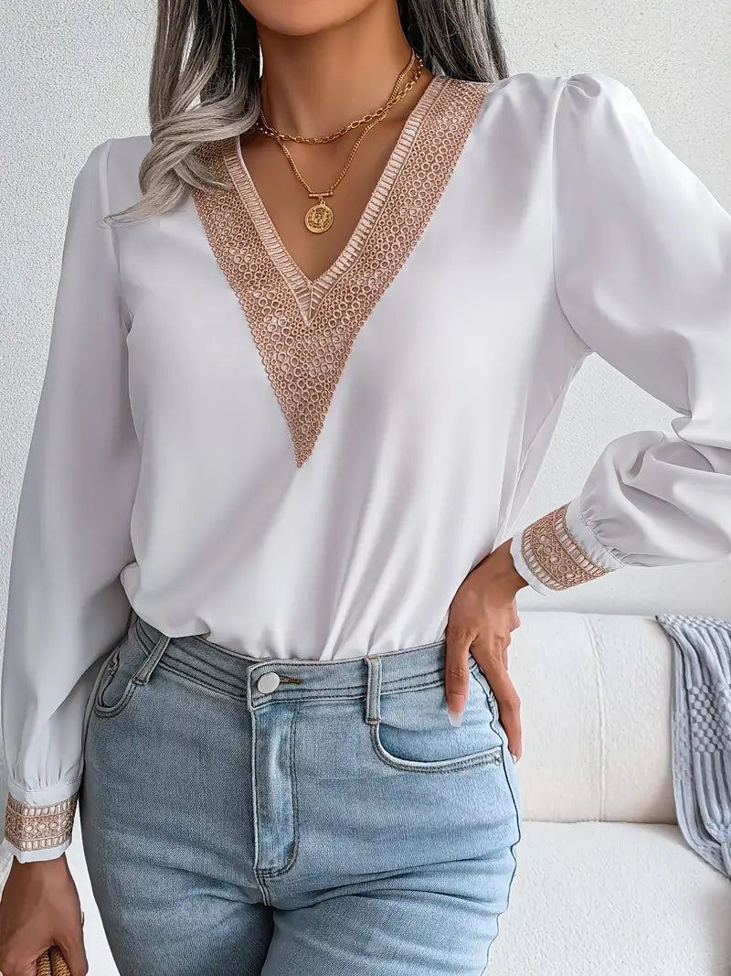 Camisas soltas de renda elegante com decote em V, blusas casuais de chiffon de manga comprida