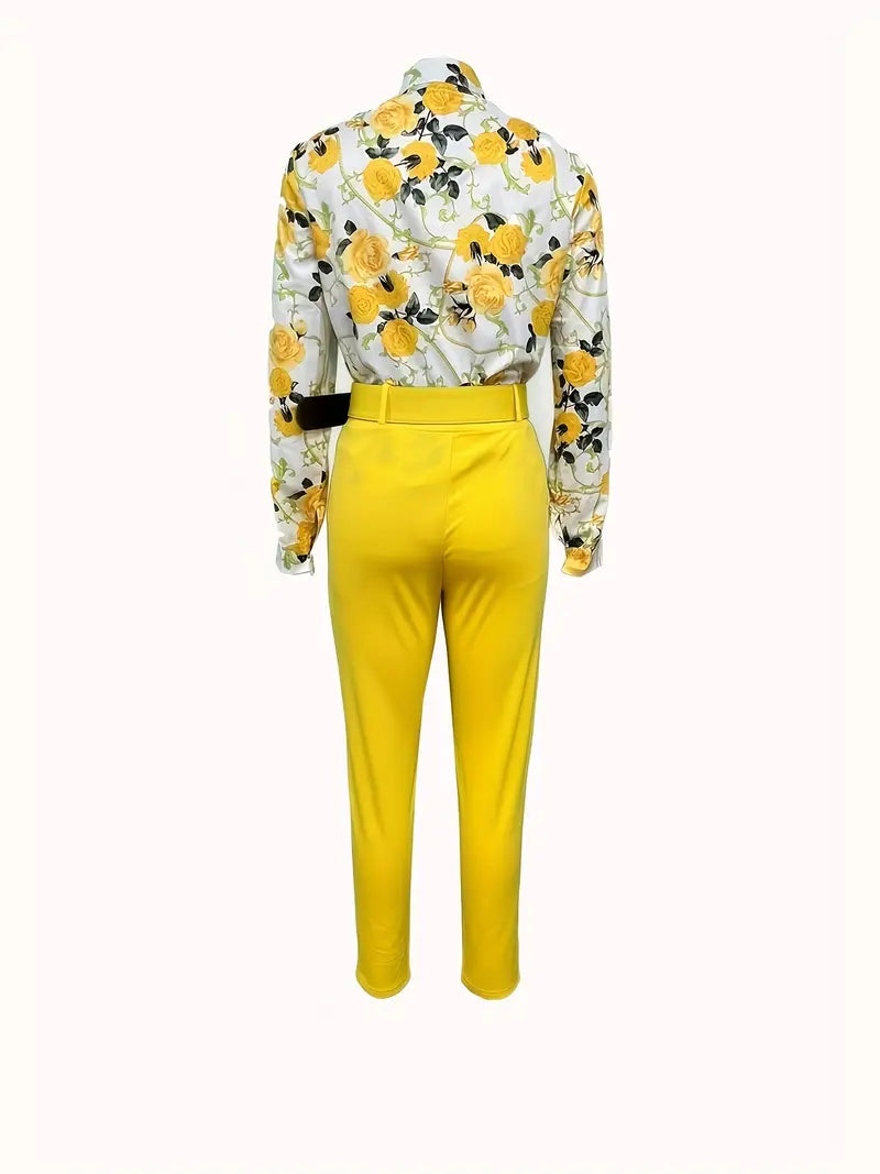 Conjunto elegante de duas peças, blusa de manga comprida com estampa floral com decote em V e calças  com cinto sólido