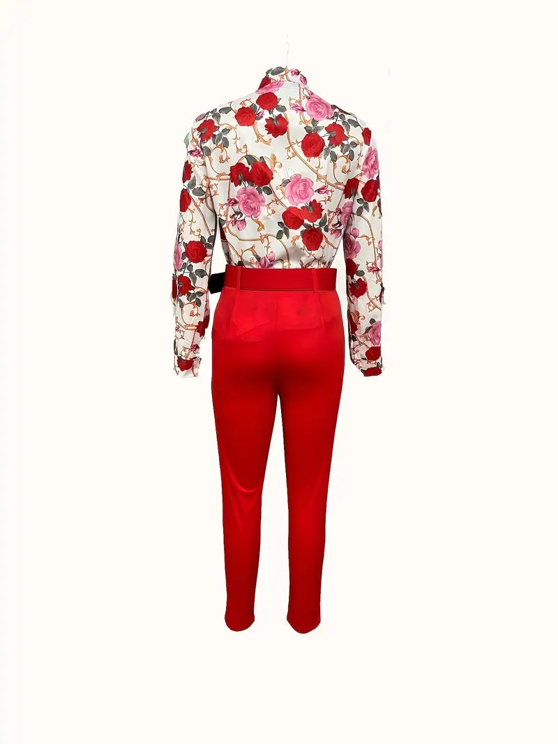 Conjunto elegante de duas peças, blusa de manga comprida com estampa floral com decote em V e calças  com cinto sólido