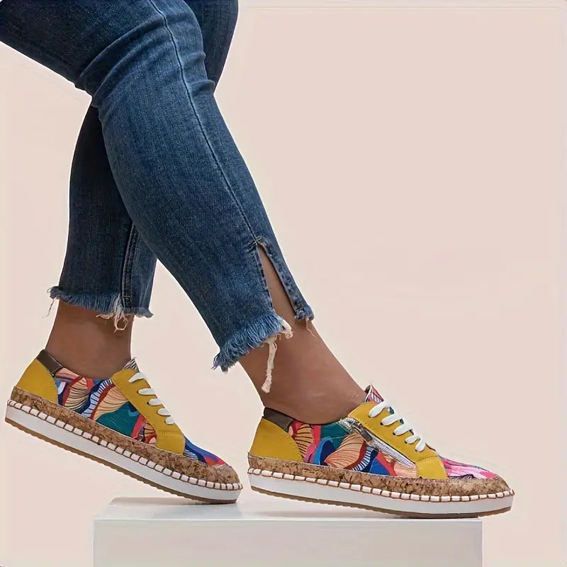 Sapatos femininos com estampa colorida, calçados casuais com cadarço e zíper lateral