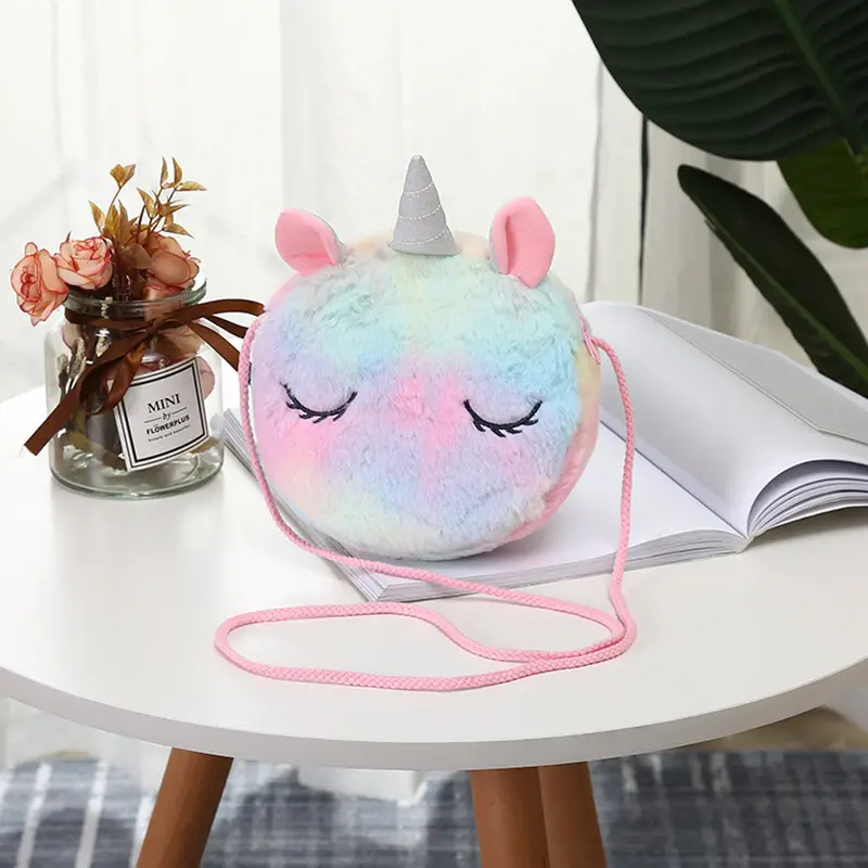 Bolsa de ombro com zíper de pelúcia de unicórnio fofo para meninas