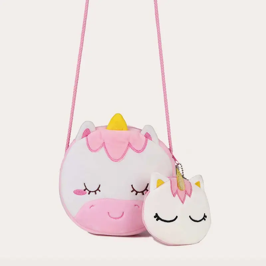 Bolsa de ombro com zíper de pelúcia de unicórnio fofo para meninas