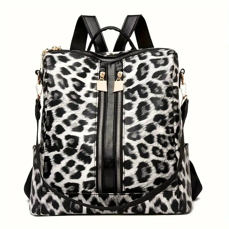 Mochila moderna com estampa de leopardo, mochila escolar conversível antirroubo, mochila de viagem feminina