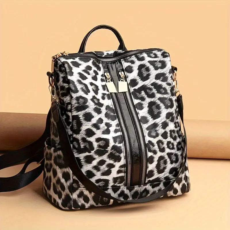 Mochila moderna com estampa de leopardo, mochila escolar conversível antirroubo, mochila de viagem feminina