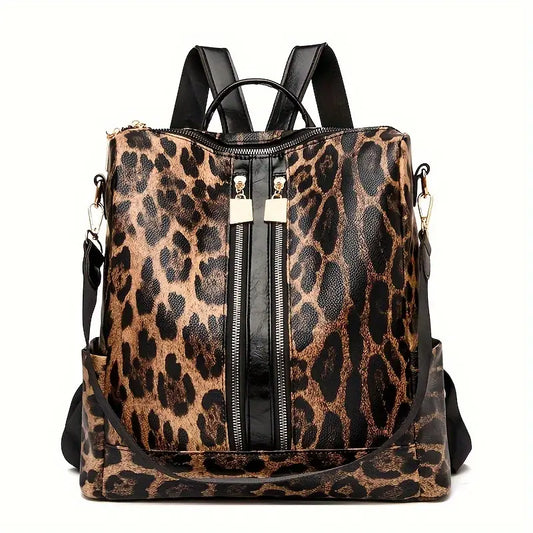 Mochila moderna com estampa de leopardo, mochila escolar conversível antirroubo, mochila de viagem feminina