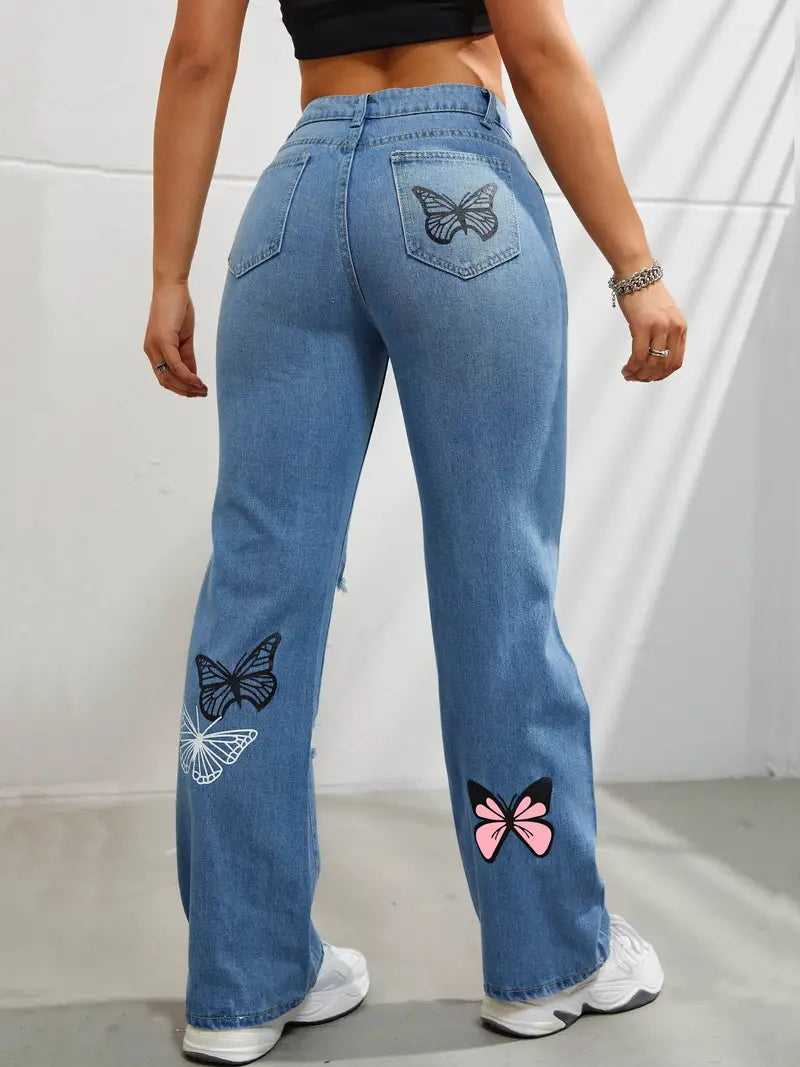 Calças de Jeans rectos de ajuste solto azul, calças jeans largas com estampa de borboleta e rasgados