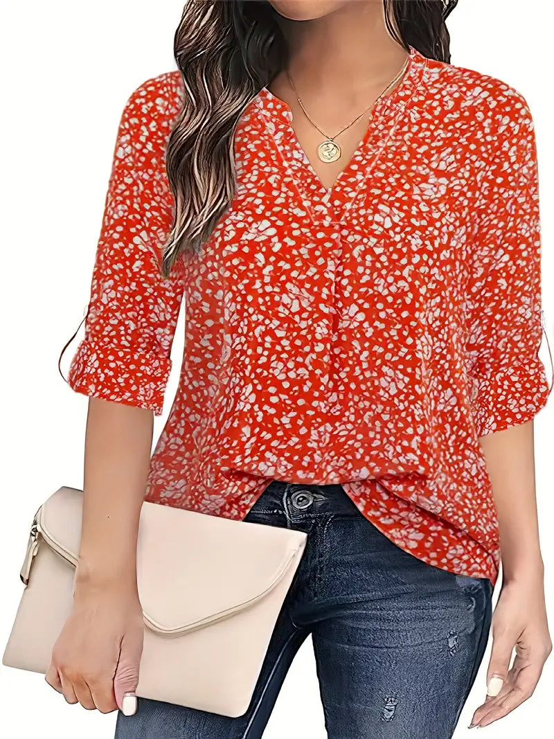 Blusa estampada com decote redondo, blusa casual manga comprida