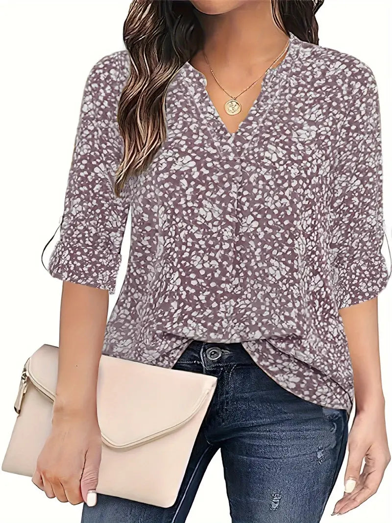 Blusa estampada com decote redondo, blusa casual manga comprida