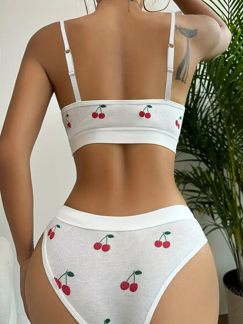 Conjunto feminino de lingerie de malha macia com estampa cereja – básico de poliéster branco com detalhes de coração