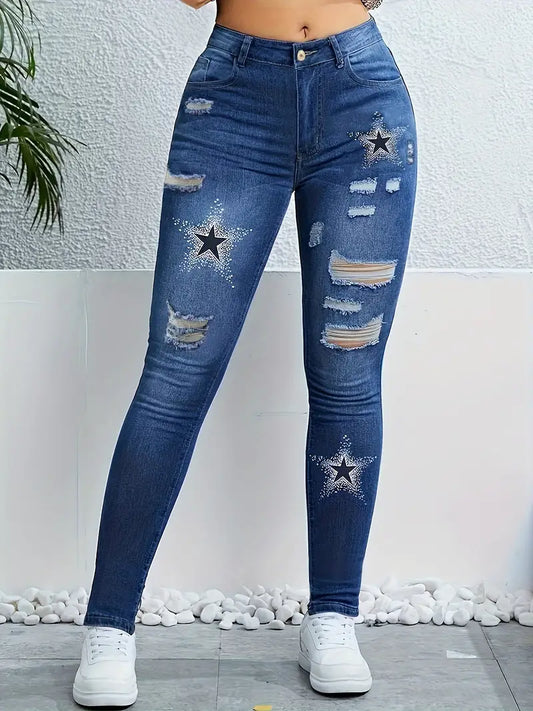 Calças jeans versáteis com ajuste fino e padrão estrela rasgados