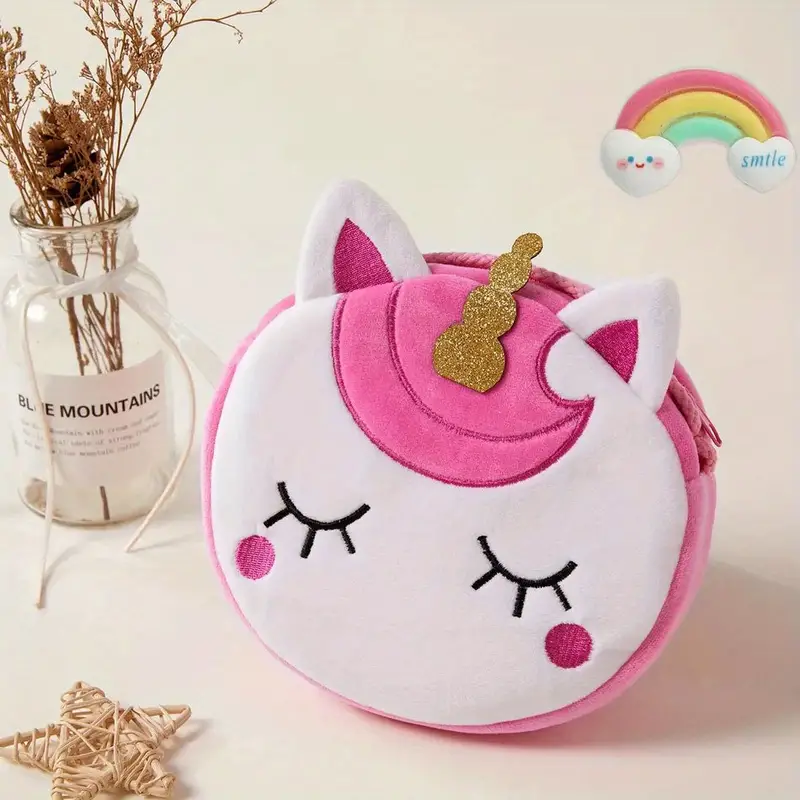 Bolsa de ombro com zíper de pelúcia de unicórnio fofo para meninas