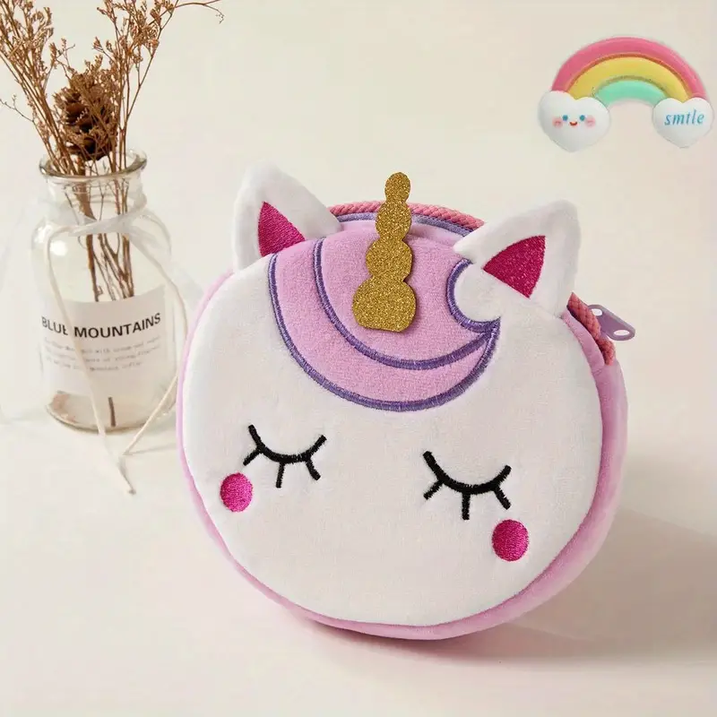 Bolsa de ombro com zíper de pelúcia de unicórnio fofo para meninas