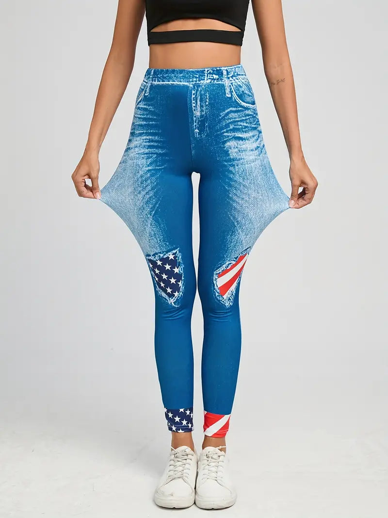 Calça colante jeans com estampas