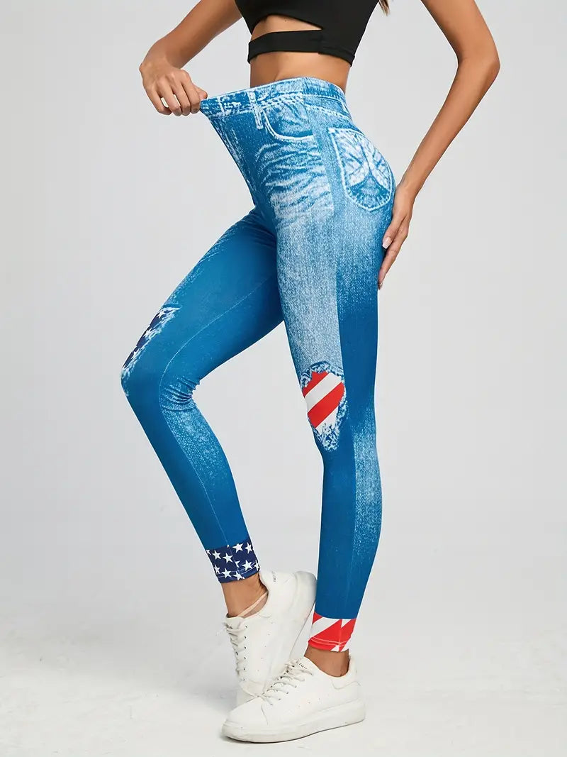 Calça colante jeans com estampas