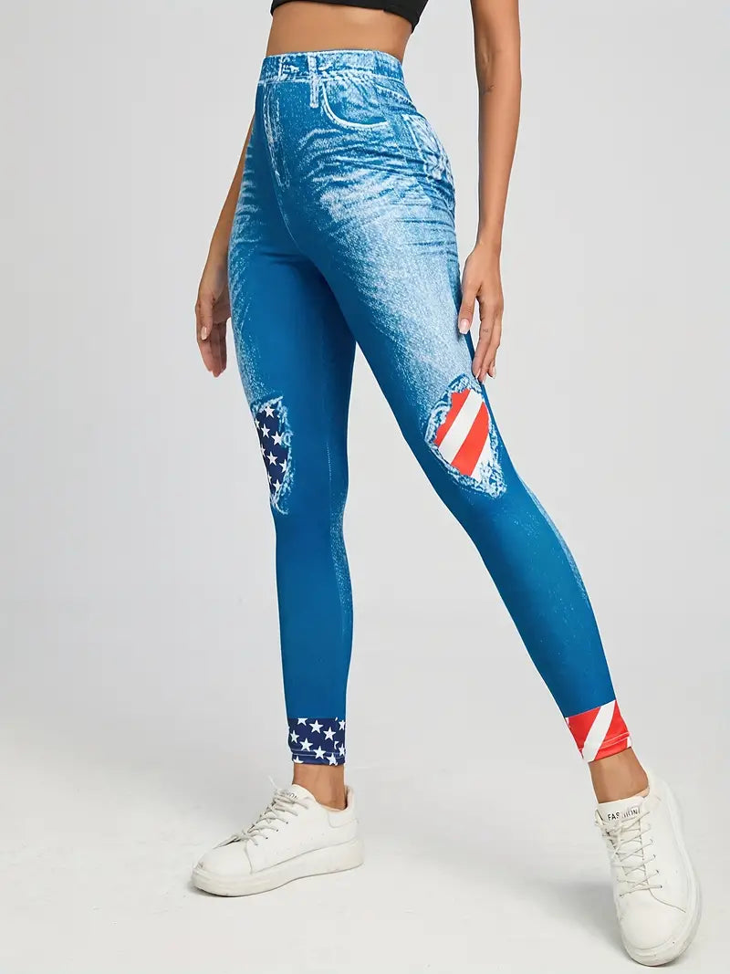 Calça colante jeans com estampas