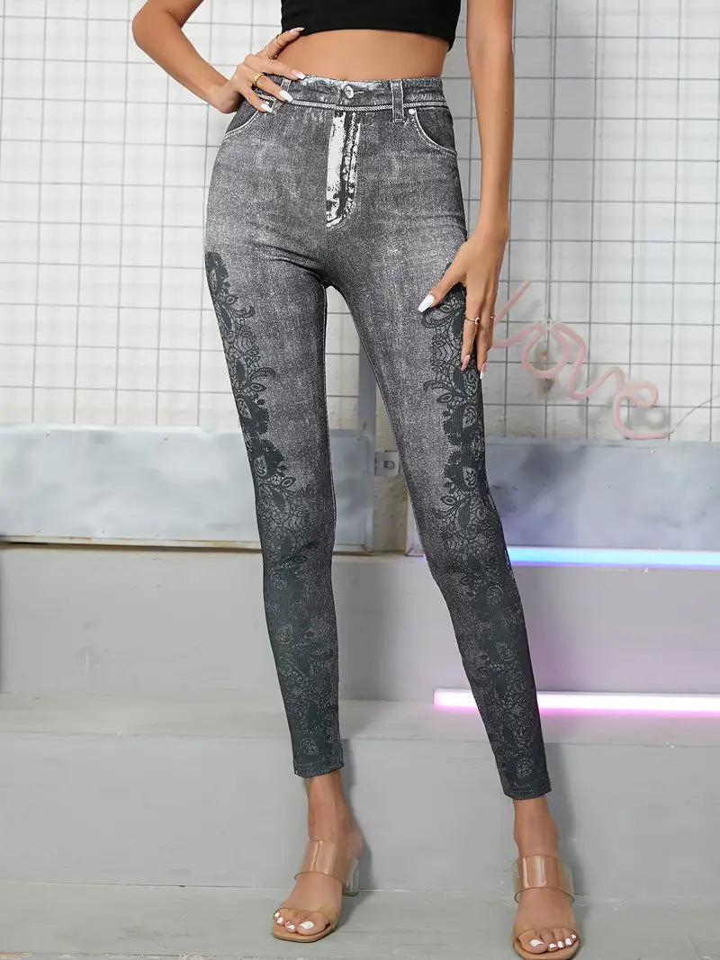 Calça  jeans floral estampada de cintura alta cortada ao corpo com bolsos falsos