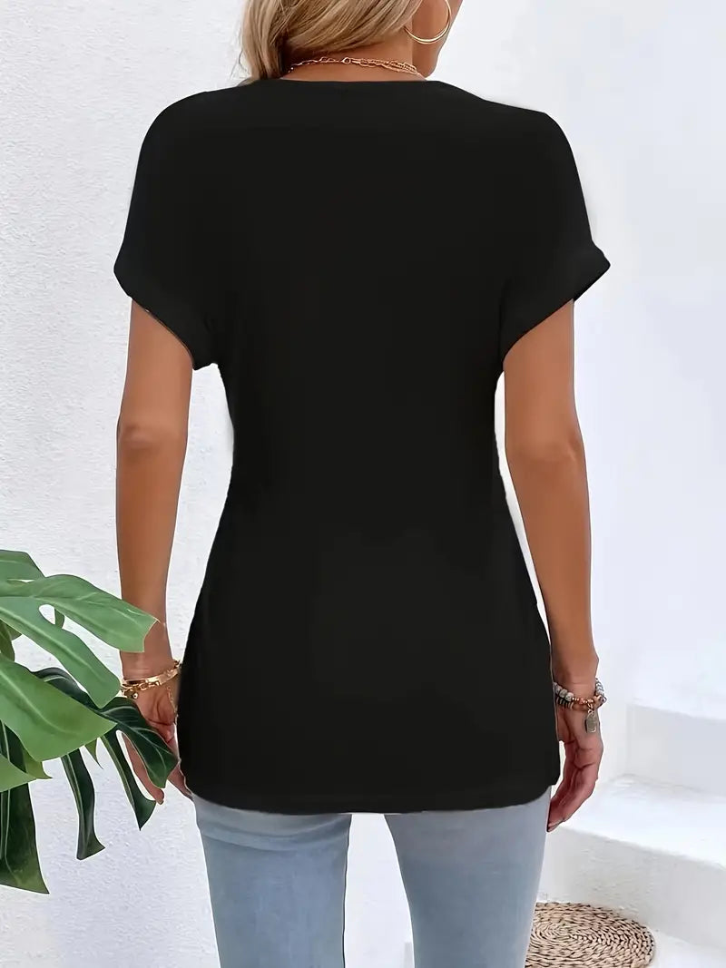 Camiseta com acabamento em renda sólida dividida, camiseta casual de manga curta com decote em V