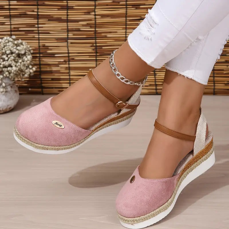 Sandálias femininas plataforma Colorblock com fivela ajustável no tornozelo