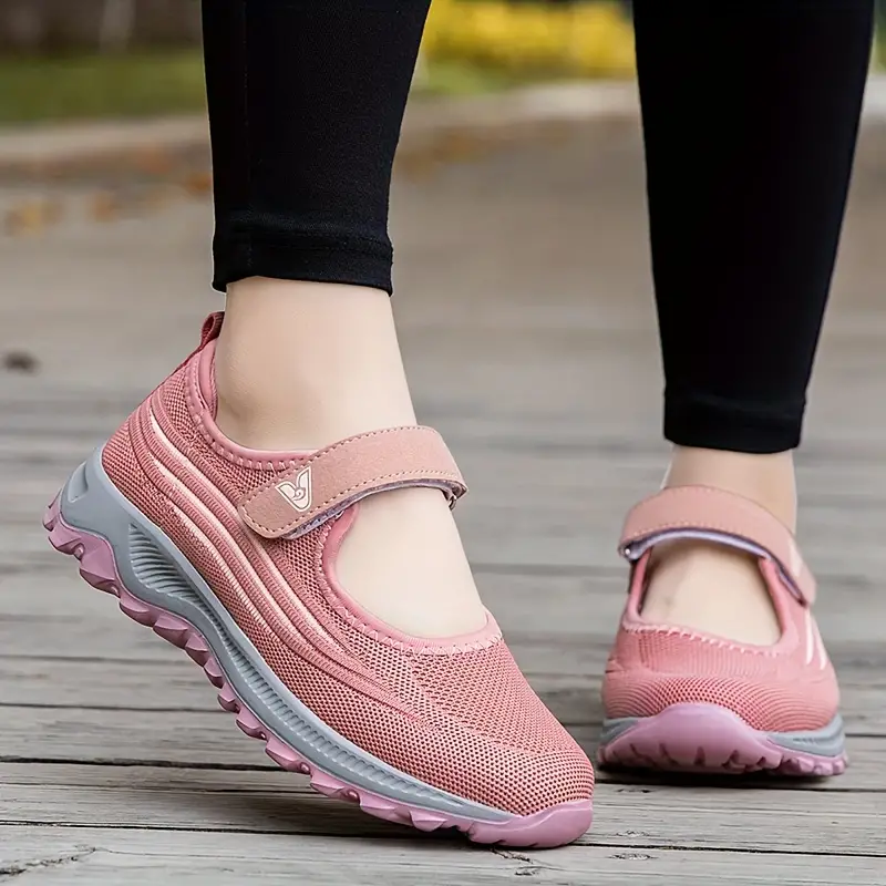 Sapatilhas de malha com almofada de ar feminino, sapatos esportivos respiráveis com tira no tornozelo