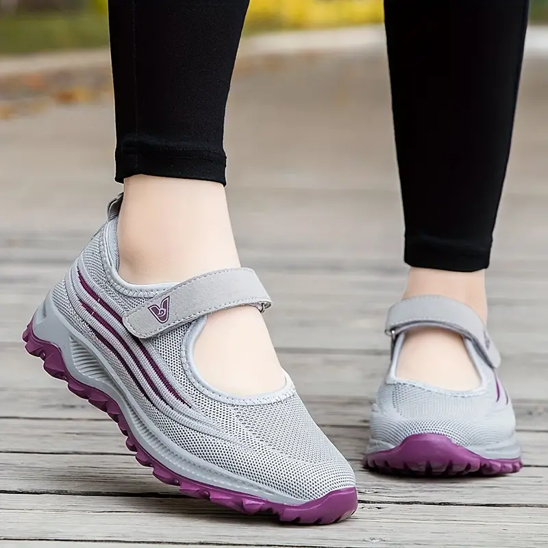 Sapatilhas de malha com almofada de ar feminino, sapatos esportivos respiráveis com tira no tornozelo