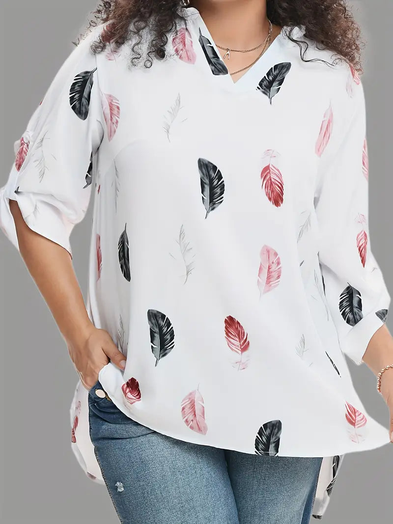 Blusa casual tamanho grande, blusa feminina com estampa de penas, manga comprida